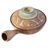Handled Lidded Studio Pottery Vessel with Carved Swirl Pattern