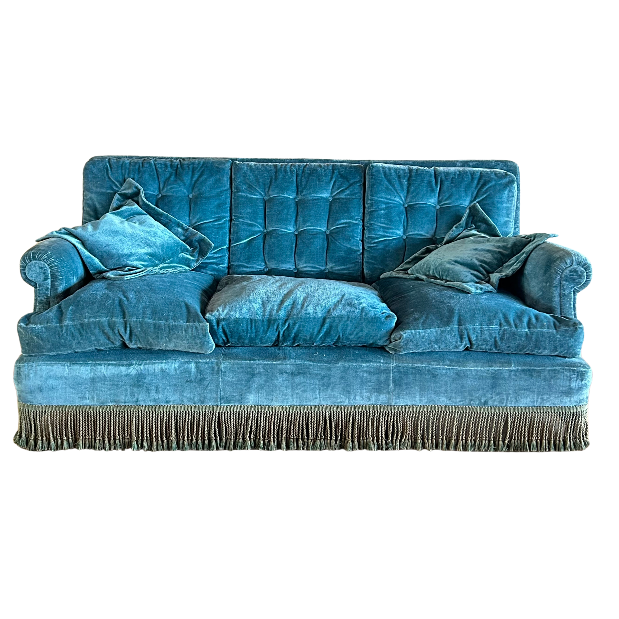 Antique Teal Fringed Sofa