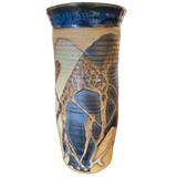 Cylindrical Vase with Blue Rim and Abstract Glaze