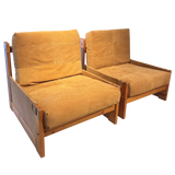 Pair of Suede Wood Frame Arm Chairs
