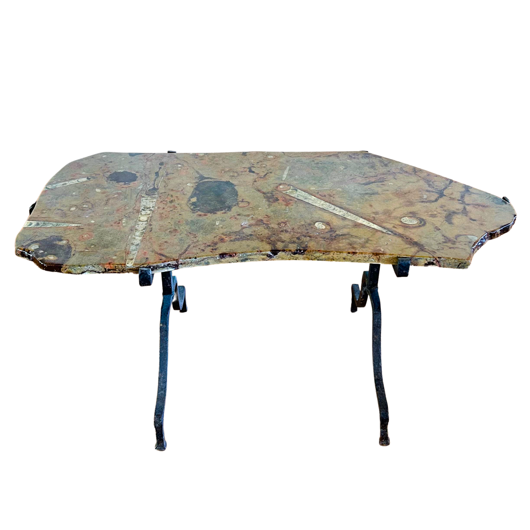Vintage Orthoceras Limestone Iron Base End Table