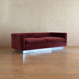 Oxblood Velvet and Chrome Plinth Sofa