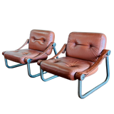 Pair of Italian Chrome and Leather Arm Chairs
