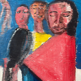 Vintage Figurative Art in Red and Blue