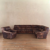 Swiss 6 Piece Brown Leather Tufted Sectional Sofa, 1970s