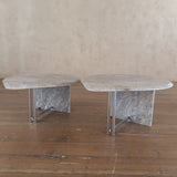 Pair of Italian Blush and Grey Marble Tables with Chrome Accent