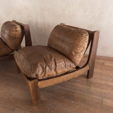 Pair of Wood Frame Toffee Leather Lounge Chairs, 1970s