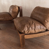 Pair of Wood Frame Toffee Leather Lounge Chairs, 1970s