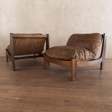 Pair of Wood Frame Toffee Leather Lounge Chairs, 1970s