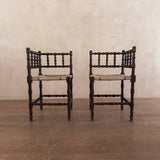 Pair of Antique Spindle Leg Rush Seat Benches