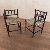 Pair of Antique Spindle Leg Rush Seat Benches