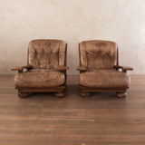 Pair of Rustic Tufted Leather and Pine Lounge Chairs, 1970s
