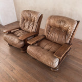 Pair of Rustic Tufted Leather and Pine Lounge Chairs, 1970s