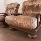 Pair of Rustic Tufted Leather and Pine Lounge Chairs, 1970s
