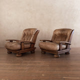 Pair of Rustic Tufted Leather and Pine Lounge Chairs, 1970s