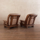 Pair of Rustic Tufted Leather and Pine Lounge Chairs, 1970s