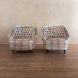 Pair of Vintage Tufted Barrel Chairs in Pastel Check