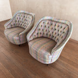 Pair of Vintage Tufted Barrel Chairs in Pastel Check