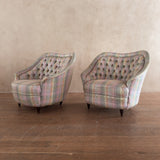 Pair of Vintage Tufted Barrel Chairs in Pastel Check