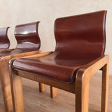 Set of 4 Leather Wood Frame Chairs by Afra and Tobia Scarpa, 1970s
