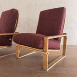 Pair of Oxblood Oak Frame Lounge Chairs, 1970s