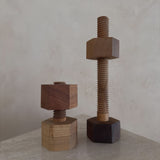 Pair of Turned Wood Threaded Block Objects