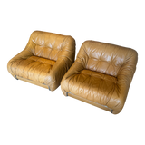 Pair of Tufted Caramel Leather Lounge Chairs